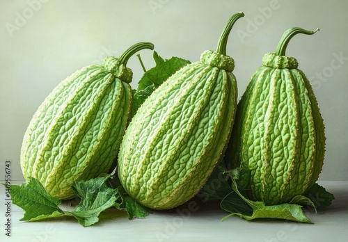 Wallpaper Mural Three green bitter melons with rough textured skin and attached green leaves against a neutral background Torontodigital.ca