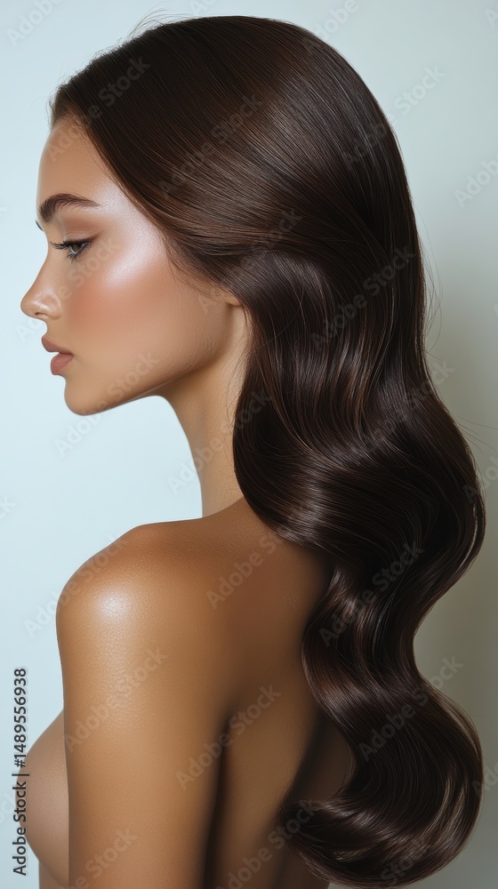 Fototapeta premium Beautiful model girl with Brown hair strand,silky healthy chestnut wavy hair strand,hair wavy ribbon, with smooth,Keratin straightening,Treatment,straight long hair,procedures,Smooth hairstyle.