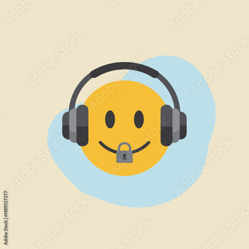Smiling emoji with headset and padlock on light background  