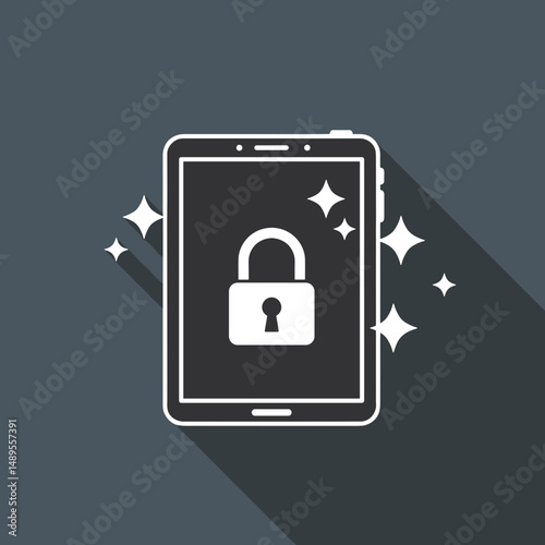 Digital tablet with lock icon and sparkles on dark background  