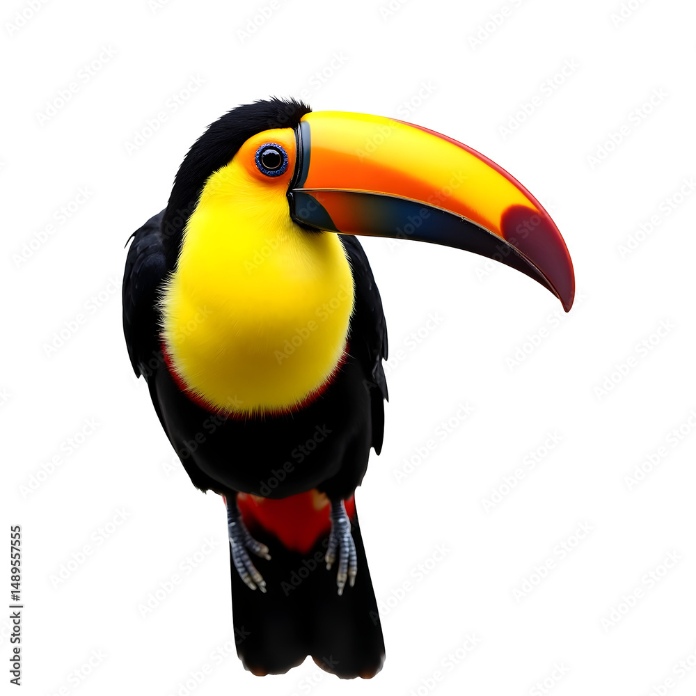 Naklejka premium Striking portrait of a keel billed toucan showcasing its vibrant and colorful plumage against a contrasting scenery