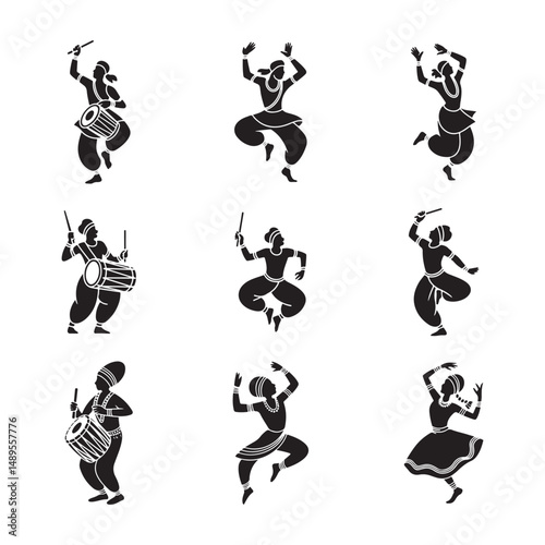 Nine stylized silhouettes depict Indian dancers and musicians in dynamic poses, celebrating a traditional festival.
