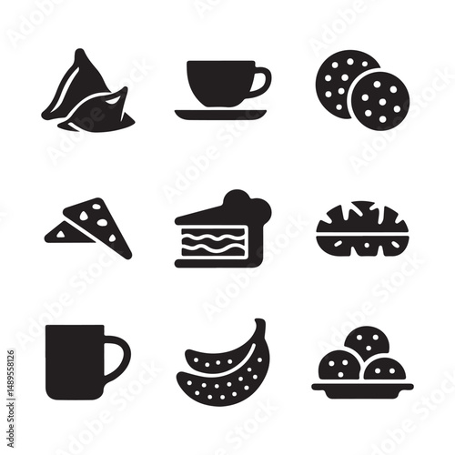 This set of nine icons depicts various food items, including samosas, cookies, teacup, cake, banana, and dumplings, presented in a flat, minimalist design.