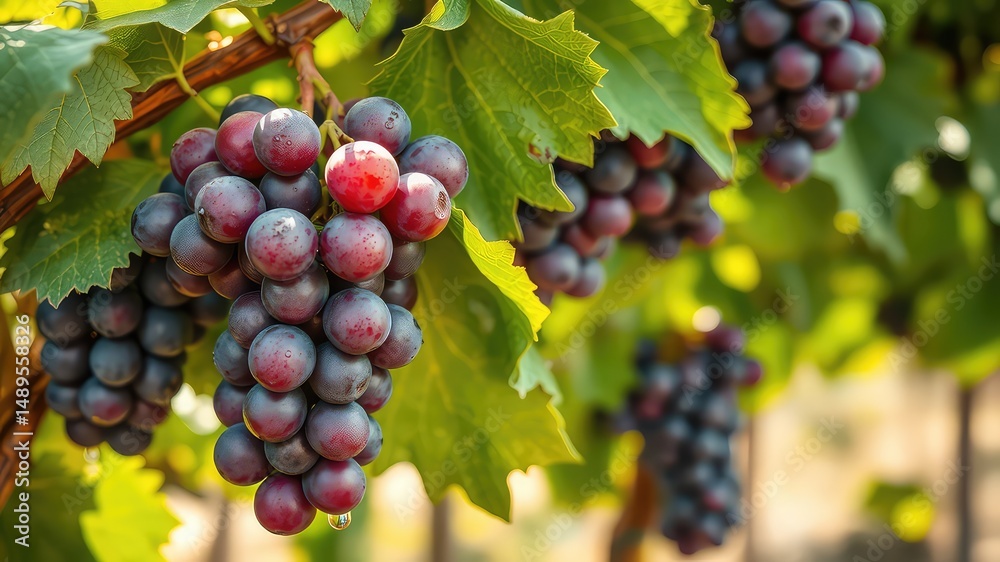 Naklejka premium Ripe Red Grapes Hanging on Vine in Lush Vineyard