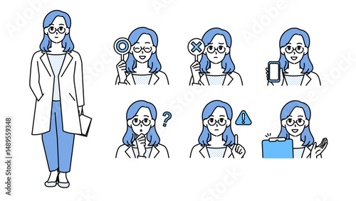 白衣姿の女性医師イラスト素材セットB（全身・バストアップ／感情豊かな表情＆ポーズ）