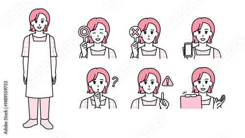 制服姿の女性保育士のイラスト素材セットB（全身・バストアップ／感情豊かな表情＆ポーズ）