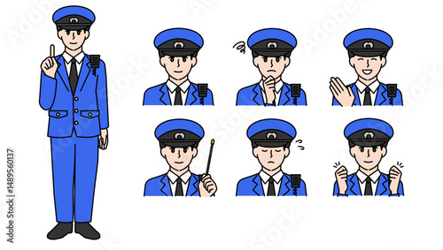 制服姿の男性警察官のイラスト素材セットA（全身・バストアップ／感情豊かな表情＆ポーズ）
