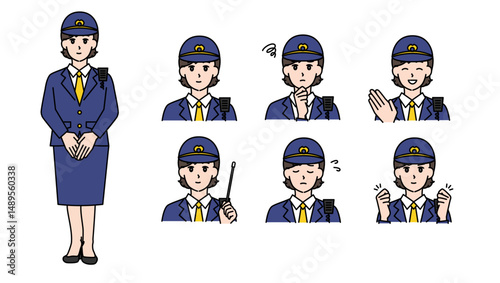 制服姿の女性警察官のイラスト素材セットA（全身・バストアップ／感情豊かな表情＆ポーズ）