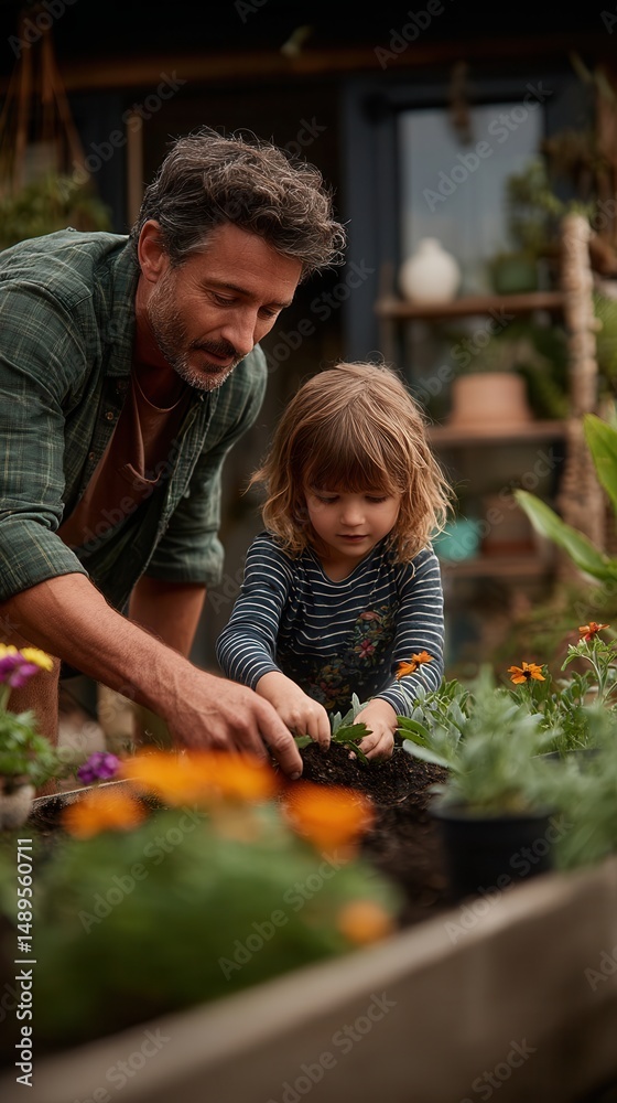 custom made wallpaper toronto digitalCaring caucasian adult man teaching young child gardening skills in wooden planter box with colorful flowers, sharing nurturing moment in cozy home garden environment with potted plants and shelving