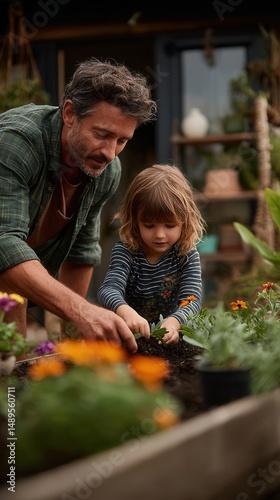 Wallpaper Mural Caring caucasian adult man teaching young child gardening skills in wooden planter box with colorful flowers, sharing nurturing moment in cozy home garden environment with potted plants and shelving Torontodigital.ca