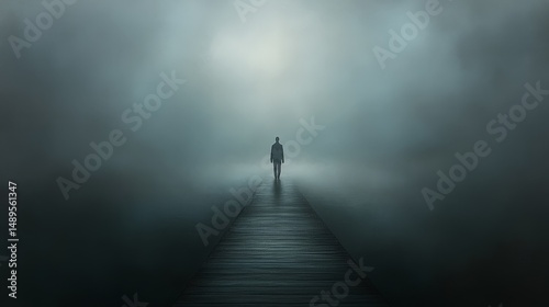 Solitary Figure Walking on Misty Pier: Eerie Atmospheric Artwork