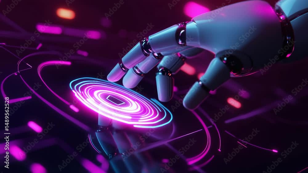 Futuristic Robotic Hand Touching Digital Interface