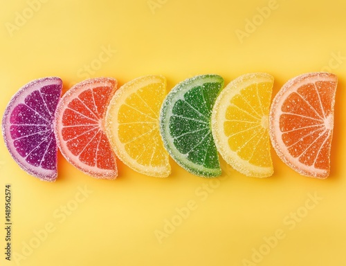 Colorful fruit-shaped candies arranged in a row