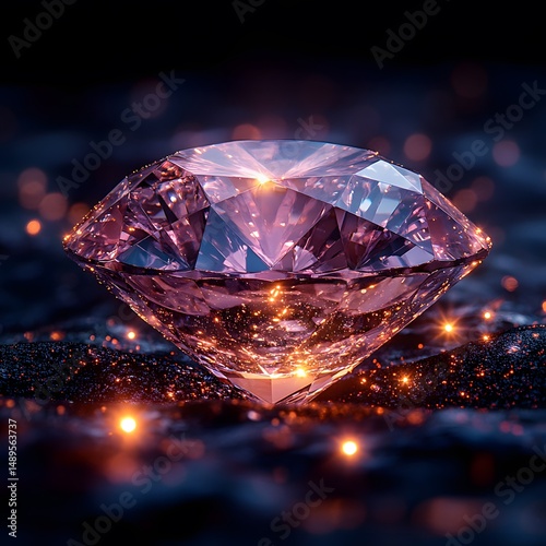 A radiant, purplish-pink diamond, sparkling, rests on a dark, glittery surface