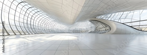 Modern Architectural Interior Design: A Panoramic View of a White, Curved Space with Large Windows