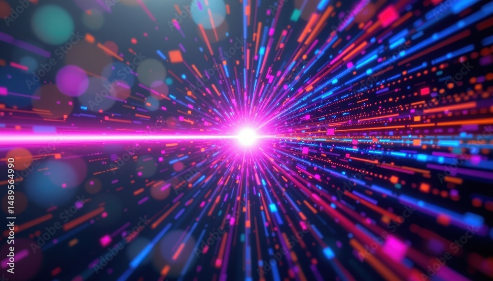 Fototapeta premium a dynamic, violet square line beam, radiating outwards, creates a vibrant, colorful trail of particles against a soft, bokeh effect background, suggesting a technological or magical effect.