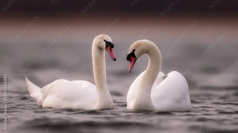 Obraz premium Swan couple with cygnets enjoying the afternoon.