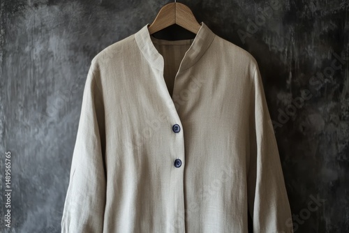 Beige linen jacket hanging on a wooden hanger. photo
