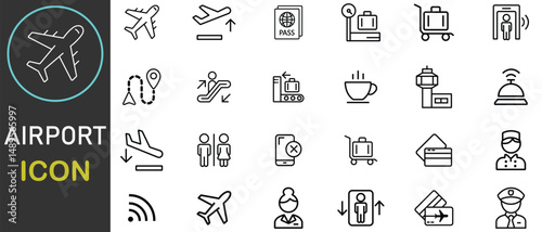 Airport outline icon set, Outline icons related to Airport and Airline. Airport icon like Plane, airplane, ticket,  wifi, bag, passport, luggage. Vector illustration.