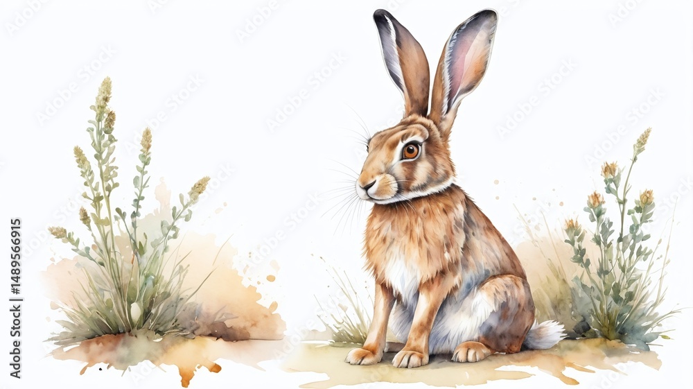 Fototapeta premium Watercolor Long Ear Hare In Natural State Sitting Front View Concept