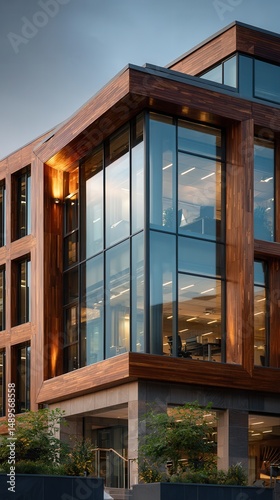 Elegant modern office building with warm wooden facade and expansive glass windows showcasing contemporary architecture at dusk with ambient lighting and landscaped entrance
