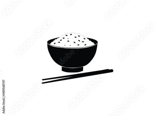 rice bowl and chopsticks isolated with white background 