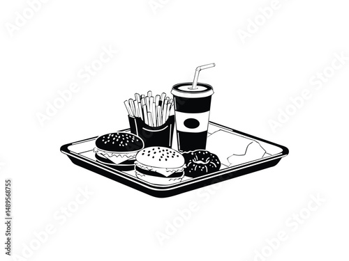 silhouette of snacks in tray  hamburger  french fries  drink