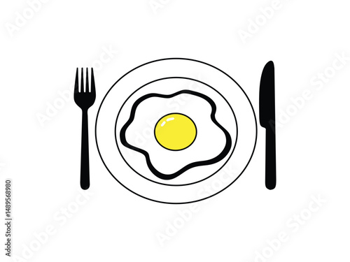fried egg on a plate with fork and knife isolated in white background 