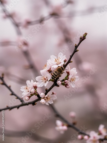 Bee collecting pollen from cherry blossom tree.