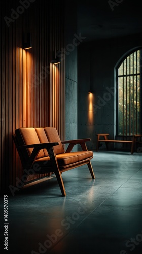 Atmospheric mid-century modern orange sofa in dark moody interior with wooden slat walls, warm accent lighting, arched window, and concrete floor in minimalist luxury space