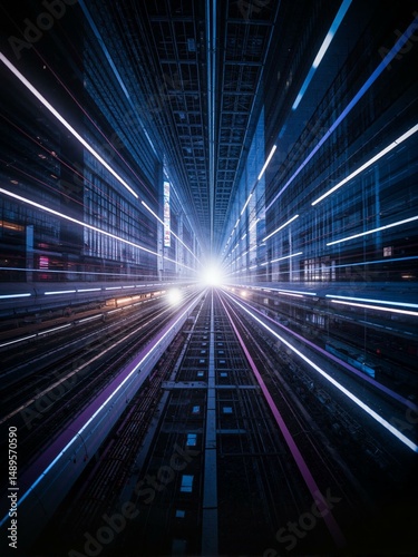 Blue and purple lights moving down train tracks.
