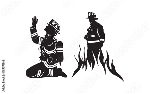 vector illustration of a dancing girl. firefighter, silhouette, rescue, emergency, uniform, helmet, hose, truck, team, danger