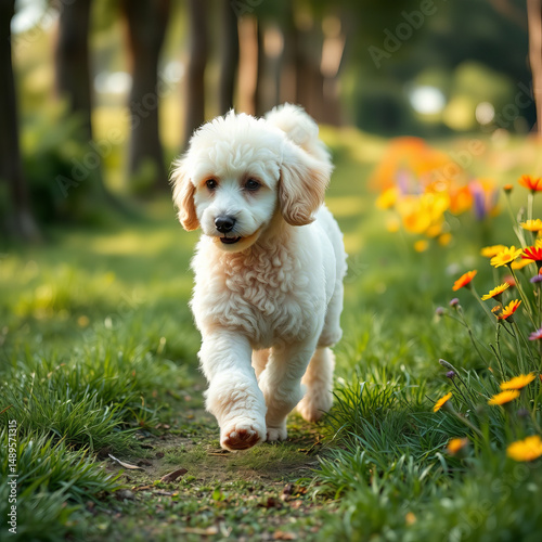 Cute white dog walking indoors during daylight in a bright and cheerful setting
