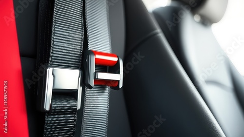 Close-up detail of a modern vehicle's safety restraint system featuring a red and black design element
