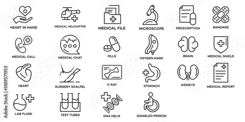 Medical Icons Healthcare, Diagnosis, Treatment, and Emergency