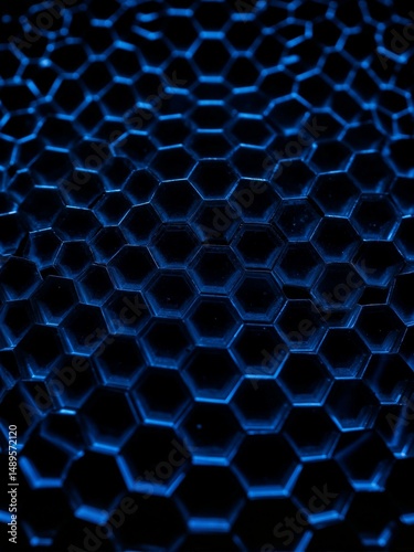Blue hexagons glow in darkness.