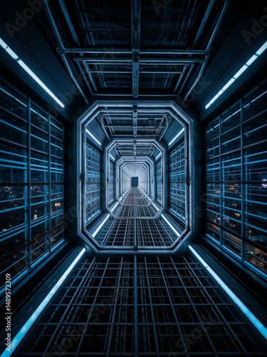 Blue lighted corridor in futuristic building.
