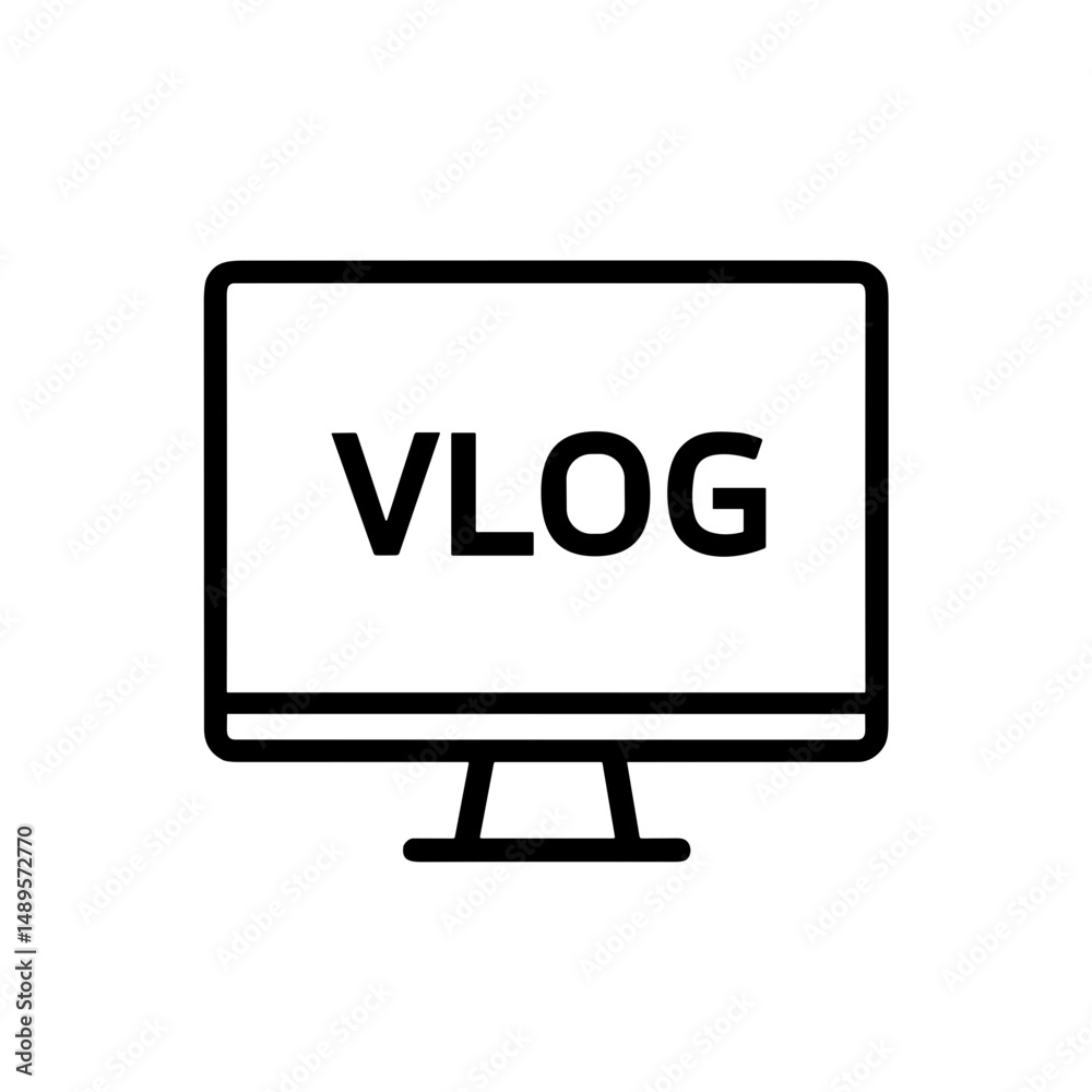 Monitor with VLOG text icon in minimalist style, black and white, vector illustration. Vector icon in a minimalist style. Simple vector illustration. Monitor with VLOG text icon in minimalist style, black and white, vector illustration. Vector icon in a minimalist style. Simple vector illustration.