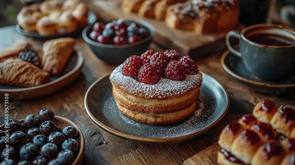 Elegant Still Life Fresh Raspberries Puff Pastry Cake Iced Sugar with Coffee and Berries on Rustic Table Food Styling Elegant Still Life Fresh Raspberries Puff Pastry Cake Iced Sugar with Coffee and Berries on Rustic Table Food Styling