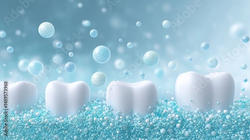 Four white teeth surrounded by blue and white bubbles, symbolizing dental cleaning and freshness.