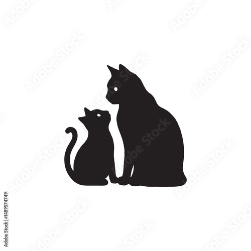 A clean black silhouette of a sitting cats and his baby, minimalistic style, centered on a pure white background