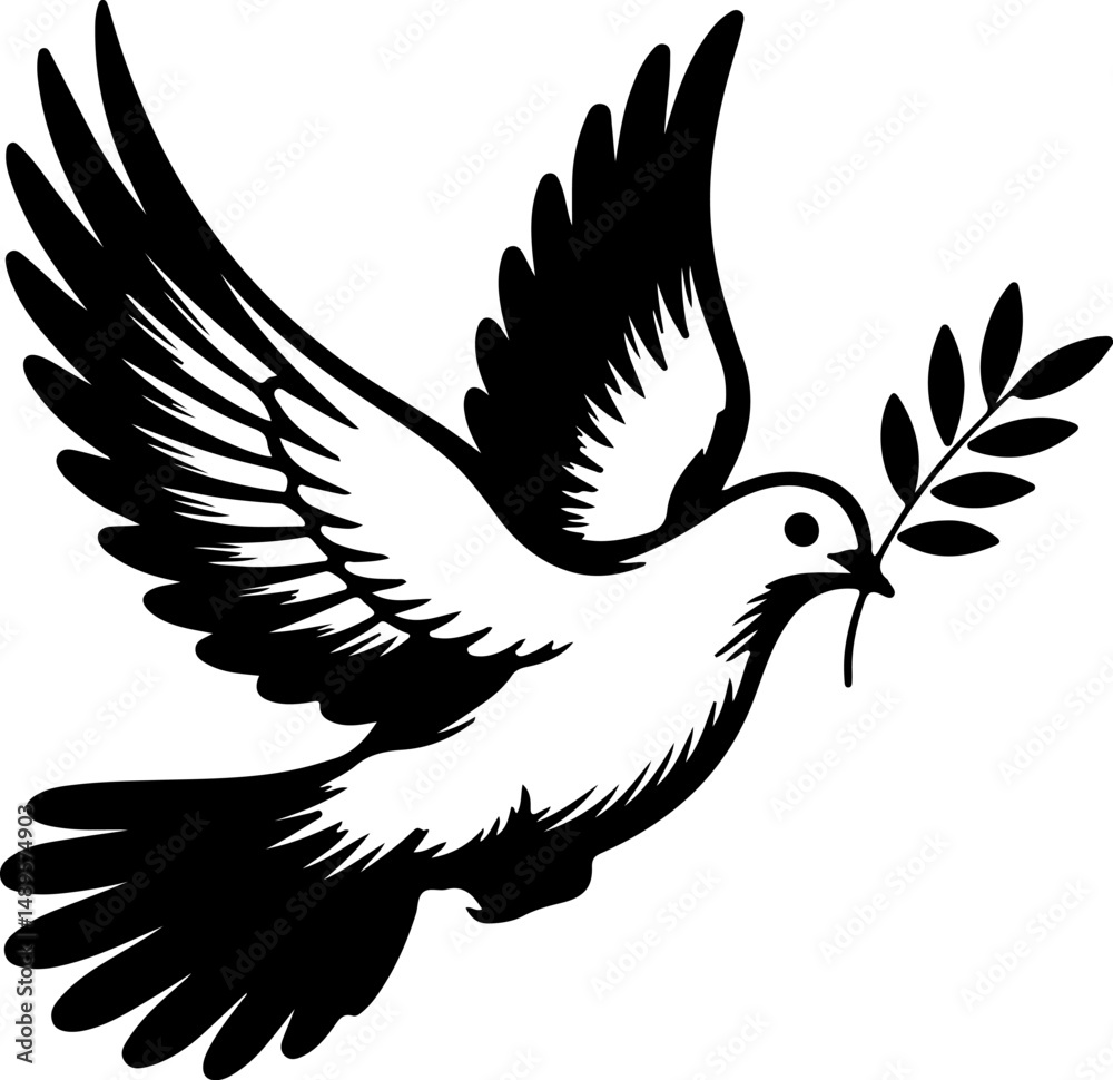 Obraz premium A stark black silhouette outlines a dove in graceful flight, its wings spread wide while it carries a detailed olive branch delicately in its beak, symbolizing peace.