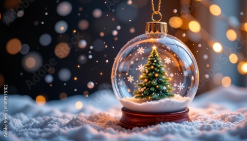 a digitally edited photo showcasing a snow globe ornament with a tiny christmas tree inside, surrounded by swirling snowflakes and twinkling lights.
