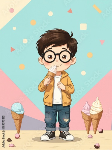 Boy eating ice cream while posing with cones of various flavors around him.