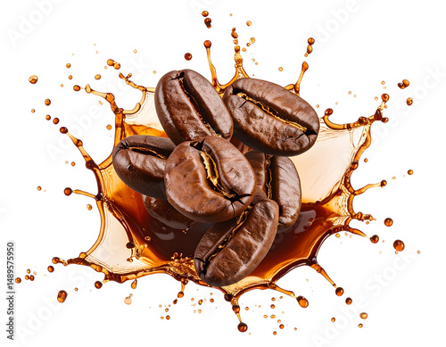 Flying Coffee Beans with Espresso Splash Effect, Transparent PNG Cutout