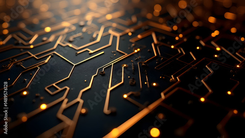 Geometric maze of glowing circuit lines in gold/copper, high-tech PCB texture, digital background.