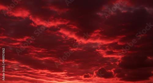 An intense and fiery red sky with dark, turbulent clouds, suggesting a dramatic weather event or the beauty of twilight