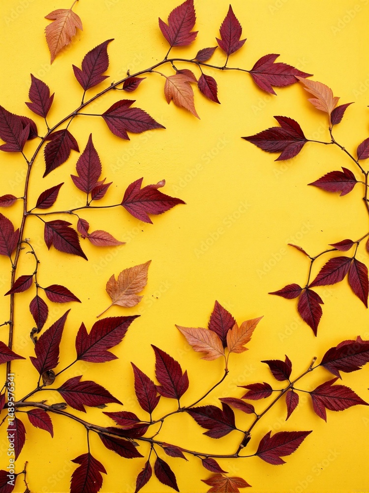 Fototapeta premium Brown leaves on yellow background with woman in background.