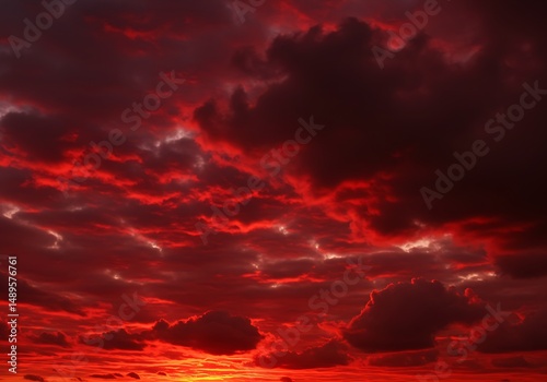 A powerful and unusual red sky with shadowy, almost black cloud masses, creating a visually arresting scene, potentially in Karachi