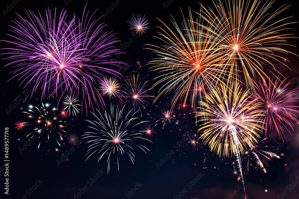 Fototapeta premium Bright colorful fireworks bursting in the night sky, creative festive explosion display on a dark background, concept of celebration and joy, Ai generative